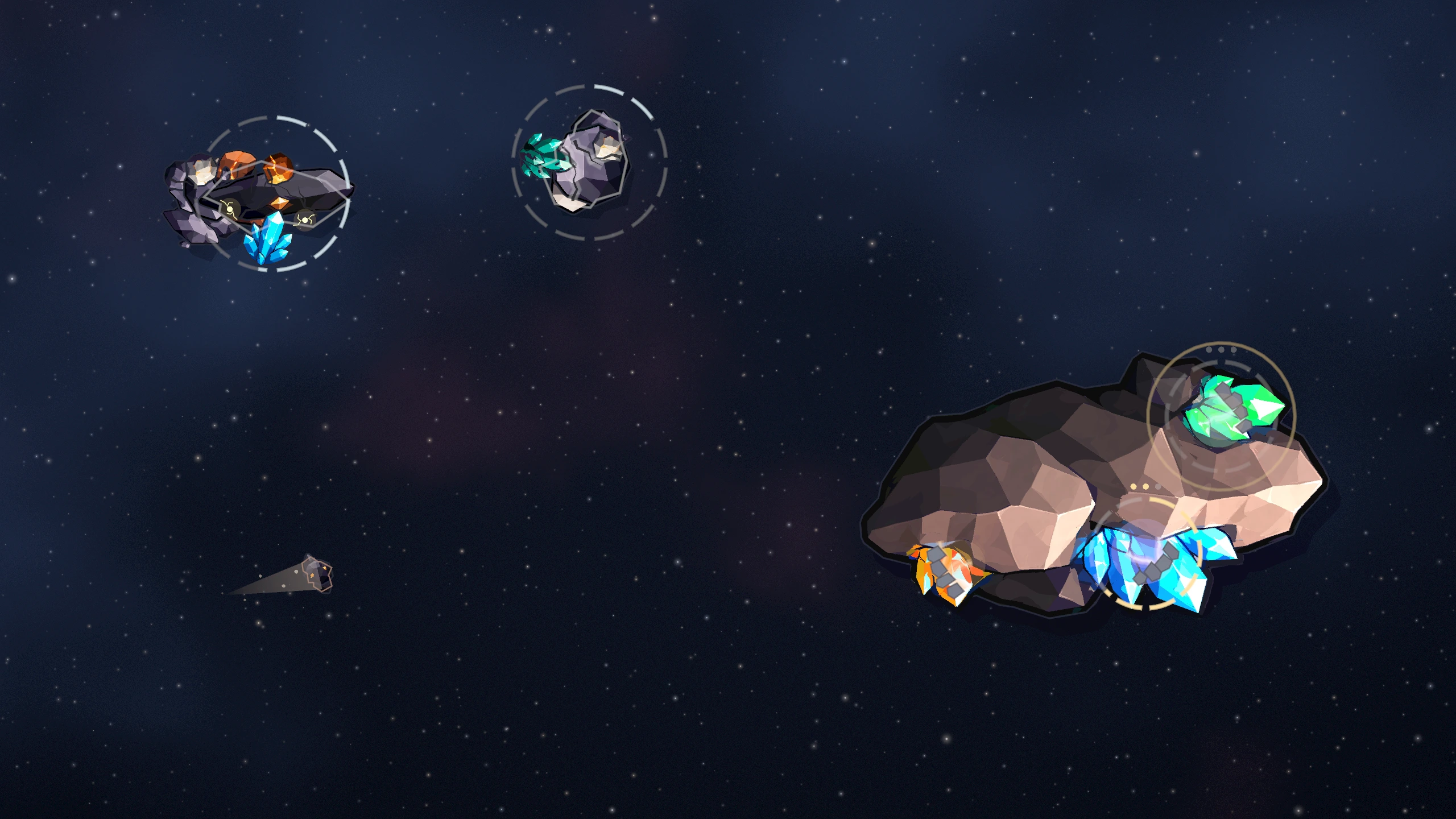 Fractured ore-bearing asteroids, exposed copper and crystal veins, and a loose fragment in the current game