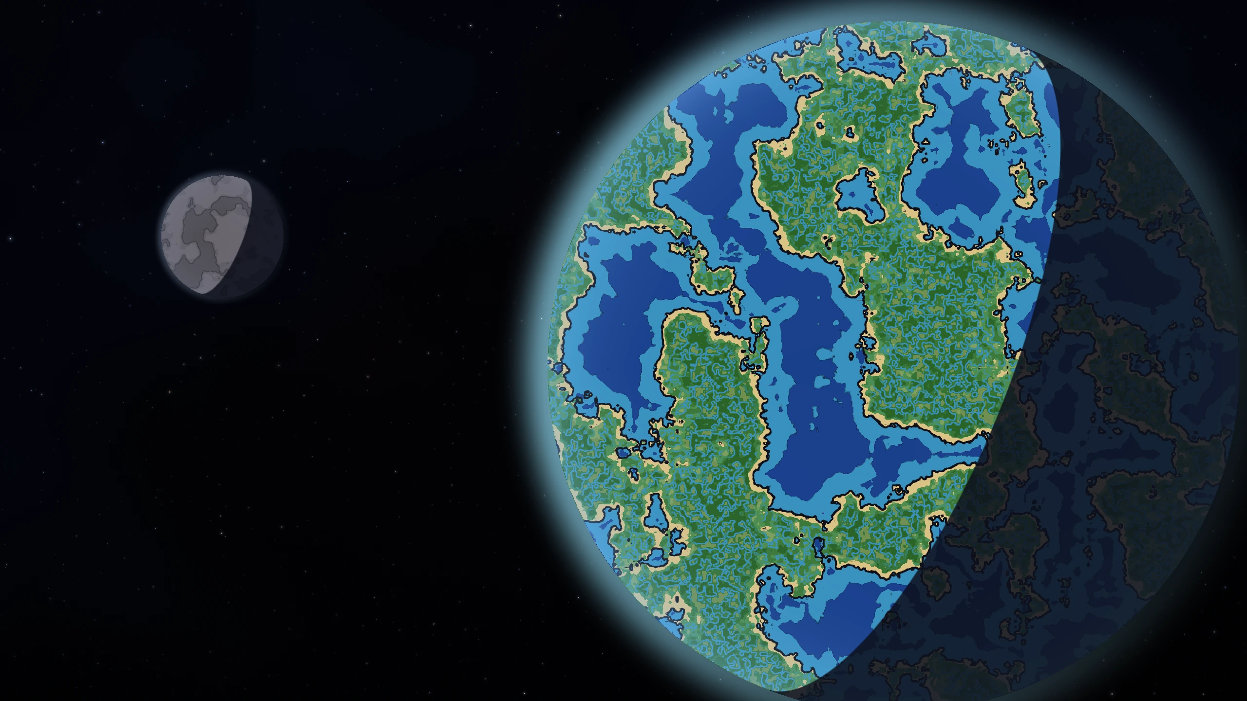 An ocean world with outlined coastlines and a smaller rocky world against the stars, rendered by the current game