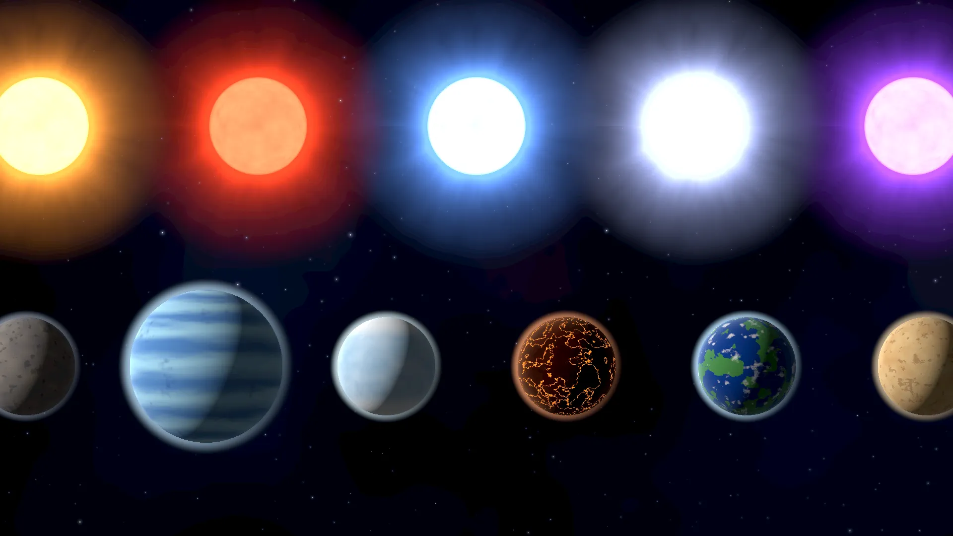 A row of different star types above a row of planets